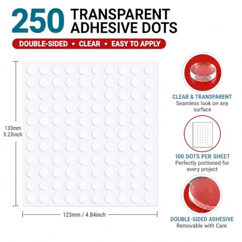 250 Transparent Adhesive Dots, Double Sided Glue Dots for Crafts, Balloons, Posters, Classroom Decor & DIY Projects, Clear Sticky Dots 250