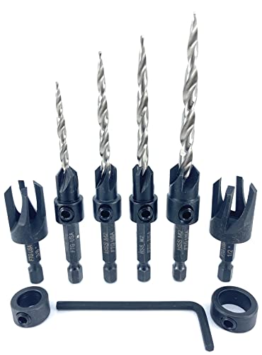 FTG USA Wood Countersink Drill Bit Set Sizes 6 8 10 12 Countersink Tapered Drill Bits, 2 Wood Plug Cutter for Sizes 3/8" and 1/2", 2 Stop Collars, 1 Allen Wrench, and 6 Storarage Containers
