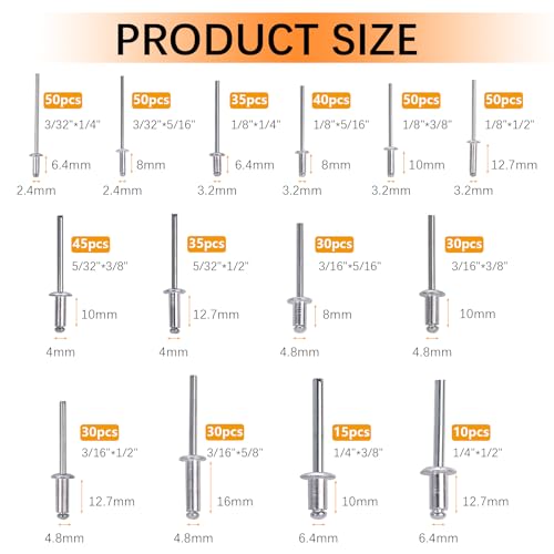 500pcs Pop Rivets Assortment Kit,14 Sizes Aluminum Rivets,Blind Rivets set,including 3/32" 1/8" 5/32" 3/16",metal Dome Head rivets Assortment kit with labels Storage boxes (Silver) Silver