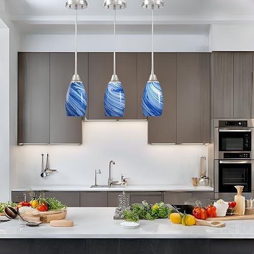 Mini Glass Pendant Light 1Pack Dark Blue Marble Art Glass Pendant Lights Kitchen Island Brushed Nickel Finish Hanging Light for Kitchen Over Sink,Dining Room,Foyer,Hallway 1-Pack