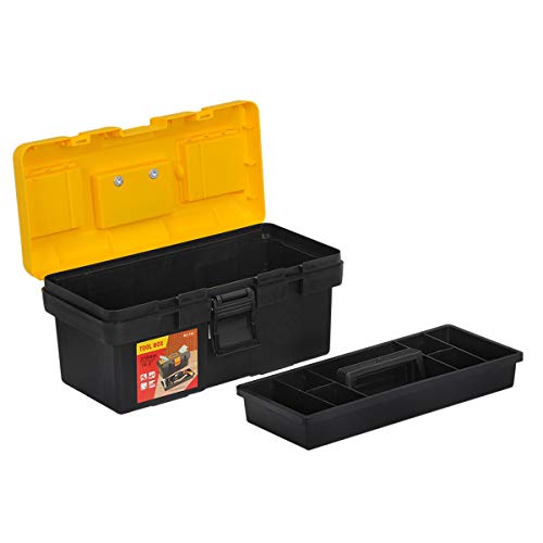 MEIJIA Portable Tool Storage Box, Organizers With Detachable Tray And Top Cover Storage Available,Black And Yellow(14.5") 14.5"