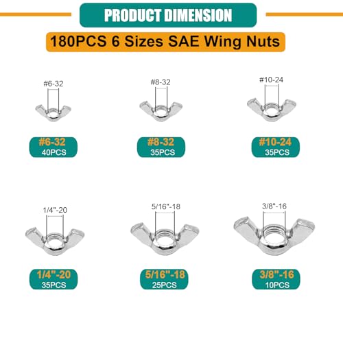 360PCS Wing Nuts Assortment Kit, Metric & SAE Wingnuts 13 Sizes 360PCS Metric & SAE