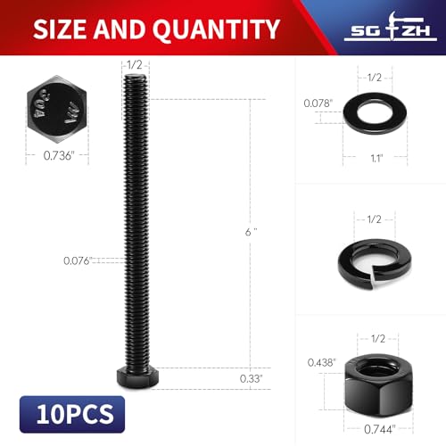 1/2-13 x 6 Hex Head Screw Bolt, Nuts, Flat & Lock Washers, 10Pcs 18-8 (304) Stainless Steel, Fully Threaded, Black Oxide by SG TZH 10 1/2-13 x 6"