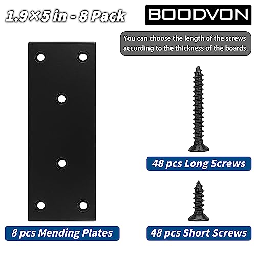 Mending Plate, Metal Steel Flat Straight Brace Bracket, Black Double-Wide Joining Plate for Wood Furniture Fastening & Fixing with 2 Sets of Screws of Different Lengths(48x128mm, 8 Pack) 1.9 × 5 inches