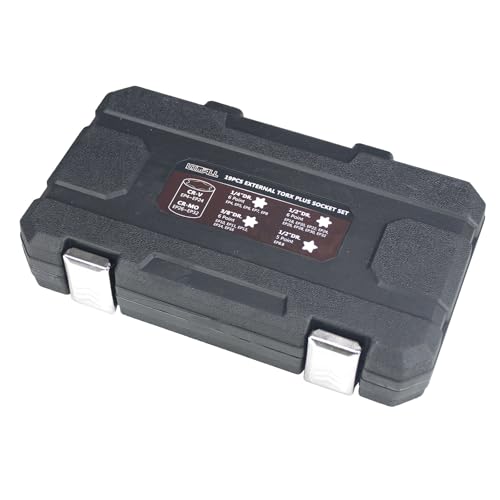19pc External Torx Plus Socket Set 6 Point EP4, EP5, EP6, EP7, EP8, EP10, EP11, EP12, EP14, EP16, EP18, EP20, EP22, EP24, EP26, EP28, EP30, EP32 with 1/2'' 3/8'' 1/4'' Dr E-Torx Plus Socket