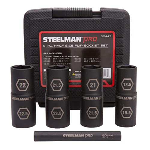 Steelman Pro 5-Piece 1/2-Inch Drive Metric 6-Point Thin Wall Impact Flip Socket and Knockout Bar Set with Half Sizes (18.5 x 19.5mm, 21 x 21.5mm, 22 x 22.5mm, and 21.5 x 22.5mm Sockets) 5-piece Set