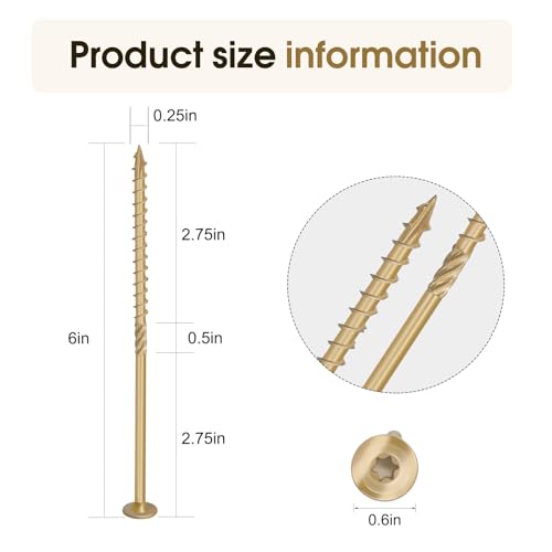 Lag Screws 6 Inch, Structural Wood Screw #14x 6, 50-PCS Heavy Duty Construction Screw, Rust Resistant, Washer Head, Black Coated Exterior Wood (50, Bronze, #14 x 6) #14 x 6"