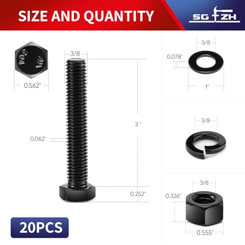 3/8-16 x 3 Hex Head Screw Bolt, Nuts, Flat & Lock Washers, 20Pcs 18-8 (304) Stainless Steel, Fully Threaded, Black Oxide by SG TZH