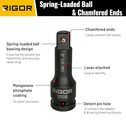 RIGOR 11386 1/2-Inch Drive Wheel Lug Nut Flip Socket Set, 5-piece | Impact, Cr-Mo Steel | 8-IN-4 Flip Socket, 17mm,19mm, 21mm, 22mm Metric Sizes & 3/4-Inch,13/16-Inch, 7/8-Inch,15/16-Inch SAE Sizes