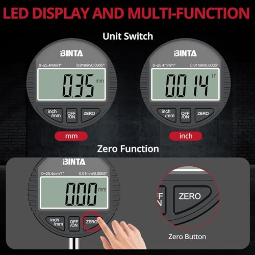 BINTA Digitale Messuhr 0.01/0.0005'' Digital Messuhr Messtaster 0-25.4mm/1'' Digital Dial indicator Messgerät, für Labor, 3D Drucker, Werkstatt | Digital Messuhr Messtaster 0-25.4mm/1'' Digital Dial indicator Messgerät, für Labor, 3D Drucker, Werkstatt