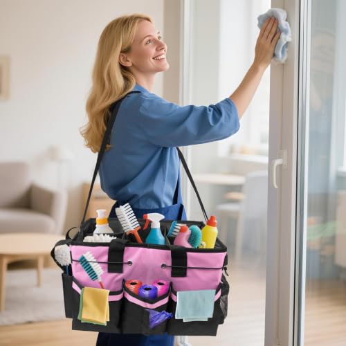 ZKOO Large Cleaning Caddy Bag with Handle, Built-in Sturdy Support Board, Adjustable Shoulder Strap, Multi-compartment Design Cleaning Supply Tote for Cleaners & Housekeepers (Pink) Pink
