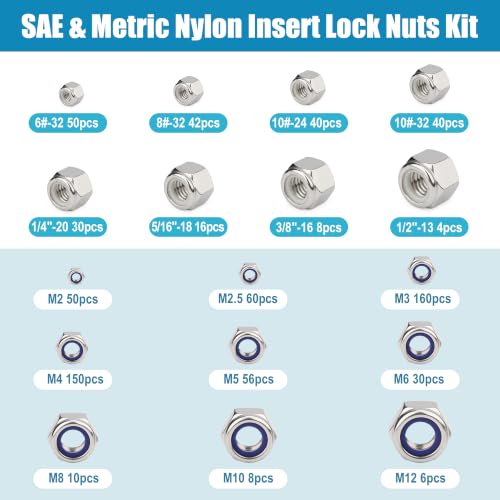 760PCS SAE & Metric Nylon Insert Lock Nuts Kit,Stainless Steel Locknuts Set