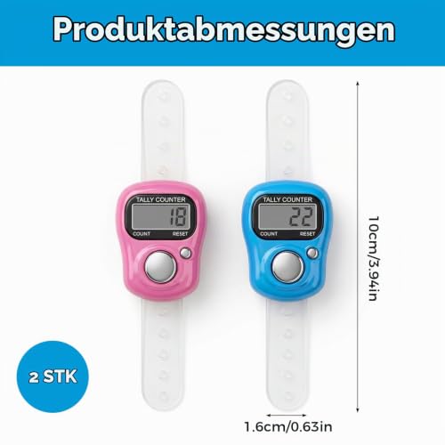 Pack of 2 Electronic Finger Counters, Digital Mini Counter Made of Plastic, Easy Portable Resettable Mesh Counter for Knitting, Suitable for Counting for Crocheting, Crochet Accessories