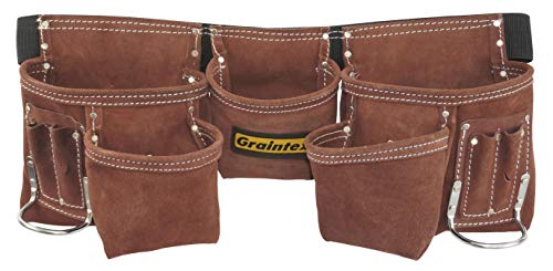 Graintex 11 Pocket Suede Leather Tool Belt/Tool Bag/Work Apron, 2 Hammer Loops, Adjustable Belt | Construction, Carpenter, Roofing, Drywall, Electrician, Gardening, DIY (Coffee Brown, 11 Pockets) Coffee Brown Fits waist size 28" to 50"