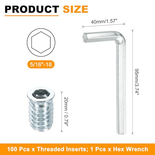 uxcell 100 Pcs Threaded Insert for Wood, 5/16" - 18 Carbon Steel Threaded Studs Hex Socket Drive Nut Inserts Screw in Nut Fastener Connector with Hex Wrench 20mm Length for Home, Silver 5/16"-18x20mm