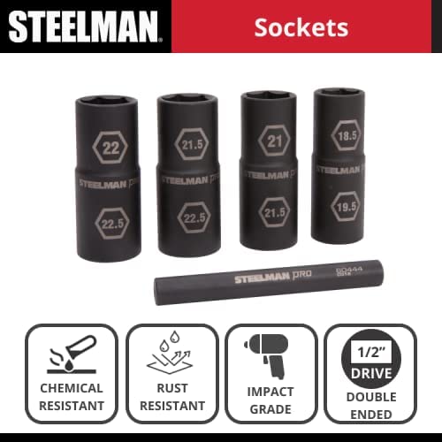 Steelman Pro 5-Piece 1/2-Inch Drive Metric 6-Point Thin Wall Impact Flip Socket and Knockout Bar Set with Half Sizes (18.5 x 19.5mm, 21 x 21.5mm, 22 x 22.5mm, and 21.5 x 22.5mm Sockets) 5-piece Set