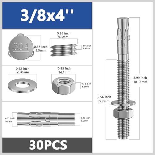 Wensilon 30Pcs 3/8x4 Inch Standard Fasteners for Heavy-Duty 304 Stainless Steel Wedge Anchors for Cement and Concrete 3/8x4" 30