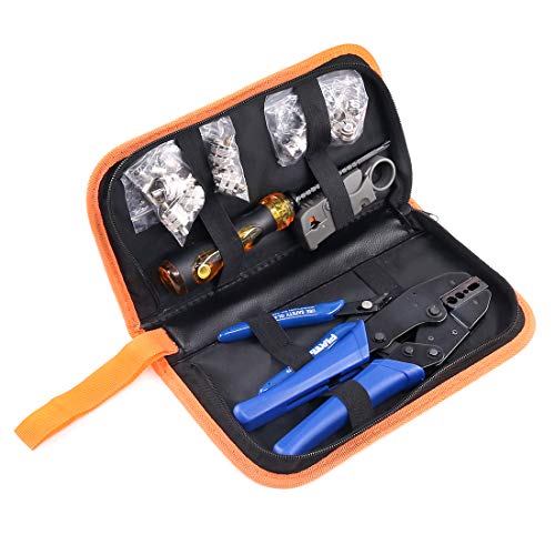 Swpeet 14Pcs Professional Coaxial Cable Tool Kit, Ratcheting Wire Terminal Coaxial Cable Tool Kit with 1Pcs Cable Stripper and 10pcs 50 Ohm Crimp Male/Straight Connectors for Coax Connectors