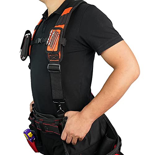 MELOTOUGH Magnetic Suspenders Tool Belt Suspenders with Large Moveable Phone Holder, Pencil Holder,Tactical Glove Clip Braided Paracord Work Glove Holder Clip for Tactical Backpack, Tool Belt(Orange)
