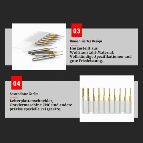 Milling Cutter 1 mm, 10 Pieces 1/8 Inch Shank End Mill, Titanium Coated Cutter Set Carbide CNC Cutter PCB Engraving Bits, for Milling Holes, Grooves and Edges