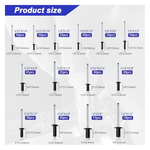 500PCS Pop Rivets Assortment Kit, 14 Sizes Pop Rivet Aluminum Assorted Blind Rivets Including 3/32" 1/8" 5/32" 3/16" 1/4" for Metal Dome Head Rivet Kit (Black) Black