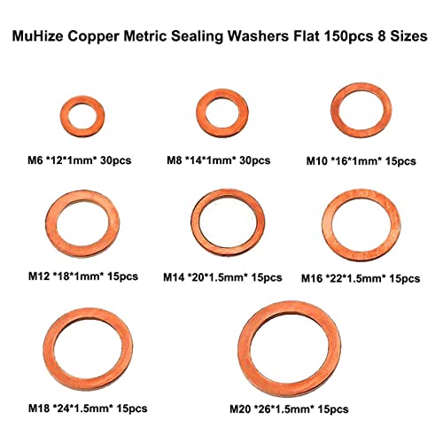 Muhize 150PCS 8 Sizes and 300PCS 12 Sizes Copper Metric Sealing Washers Flat Washers Assortment Kit (M5 M6 M8 M10 M12 M14 M16 M18 M20) Bundled Products