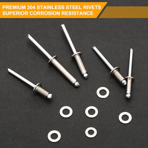 500Pcs 304 Stainless Steel Pop Rivets Kit, 9 SAE Sizes, 3/16" Assorted Blind Rivets with Washers & Case for Metal/Home/Automotive Copper