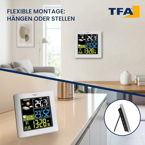TFA Dostmann SUN2 35.1174 Digital Wireless Weather Station with Outdoor Sensor for Indoor and Outdoor Temperature, Large Color Display, with Living Climate, Includes Radio-Controlled Clock with Date, Hygrometer, with Power Adapter, White