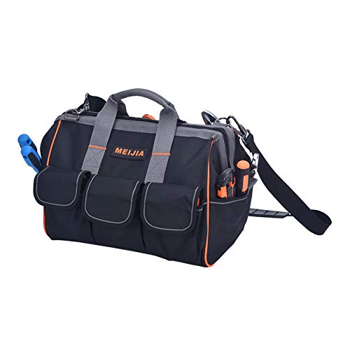 MEIJIA Heavy Duty Waterproof Tool Bag,14-Inch Wide Mouth Canvas Tool Organizer With Adjustable Shoulder Strap 14" Deluxe
