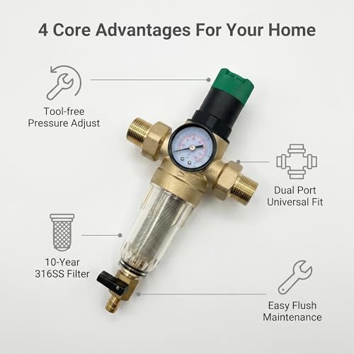 Whole House Spin Down Sediment Filter with Manual Pressure Regulator - Reusable 50 Micron SS Filter screen, BPA-Free Brass Body, Built-in- Gauge, 3/4"NPT（DN20）Ports, Easy Flush Pre-filter