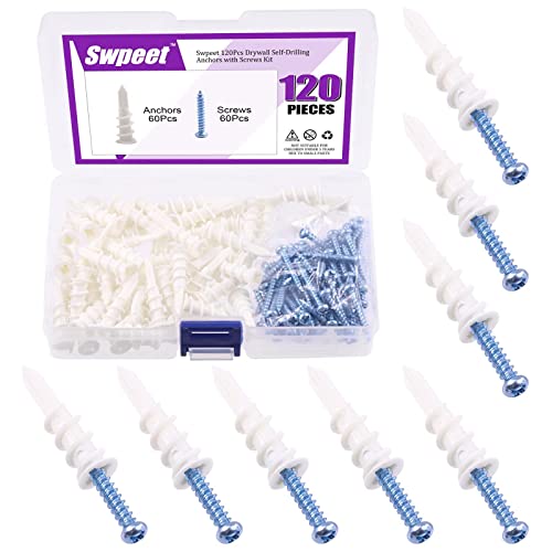 Swpeet 200Pcs Drywall Self-Drilling Anchors with Screws Kit + 120Pcs Plastic Self Drilling Drywall Anchors