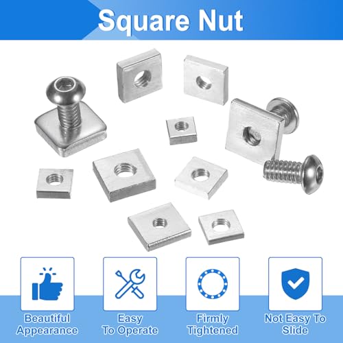 uxcell 200Pcs M6x16mmx3mm Square Nuts, Carbon Steel Zinc Plated Coarse Thread Square Nuts Fasteners for Home Repairs and Professional Engineering, Silver 200