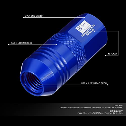 J2 Engineering J2-LN-T7-040-125-BL M12 x 1.25 T6-7075 Aluminum 50mm Open End Lug Nuts w/Deep Drive Extension Adapter,Blue,21mm x 50mm