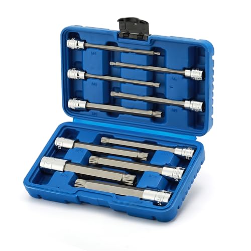 EMENTOL XZN Triple Square Spline Bit Socket Set, Extra Long 5.9-Inch, 10 Pieces 3/8" and 1/2" Drive M4 - M16, MT14 - MT18, CR-V and S2 Steel