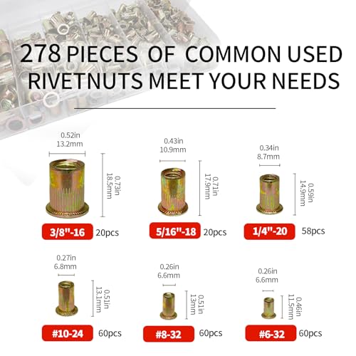 SAE & Metric Rivet Nuts Assortment Kits, 12 Sizes and 546Pcs, Carbon Steel Rivnut Sets for Automotive and Sheet Metal