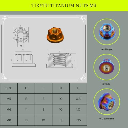Titanium Flange Hex Nut M6x1.0, Burnt Blue, 10PCS M6 1.0mm Pitch