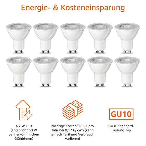 AmazonBasics GU 10 LED Spot Light Bulbs, 4.7 W (equivalent to 50 W), Warm White Colour, Pack of 10 10Stück (1er Pack) 4.7W (50W)