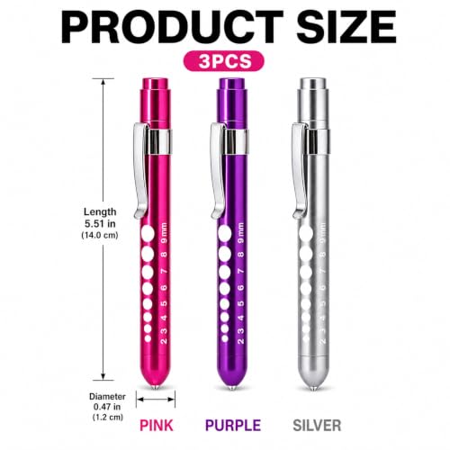 Zolara Led Stiftlampe, Pupillenleuchte Set, LED Taschenlampe Augenleuchte, Taschenlampe mit Clip und Skala, für Augenuntersuchungen, Notfall und Pflegezubehör, Lila, Silber, Rosa