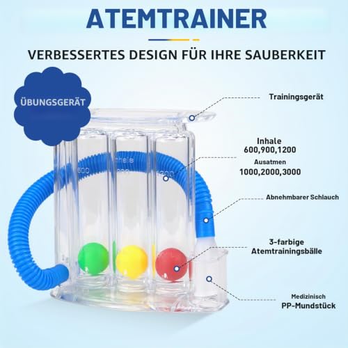 Rierousy Breath Trainer, Lung Trainer, Breathing Trainer with 3 Colourful Balls, Breath Trainer for Speech Therapy and Lung Function, Deep Breathing Trainer with 3 Chamber System (Style B with 3 Balls) Stil B mit 3 Kugeln