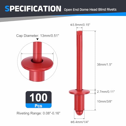 1/4" x3/8" Carbon Steel Open End Blind Rivet 100Pcs Red 1/4"x3/8" 100