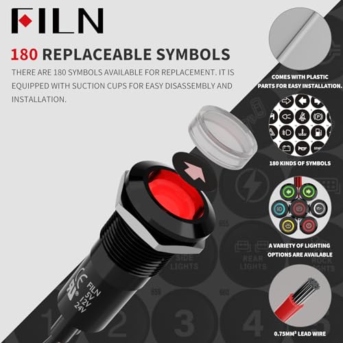 2 x 12 mm LED Metal Indicator Light 12 V-24 V DC Indicator Light (Red) | Indicator Light Signal Lamp IP67 Waterproof Metal Housing with 180 Symbols for Car, Boat, Industry, Control Panel Red Symbol