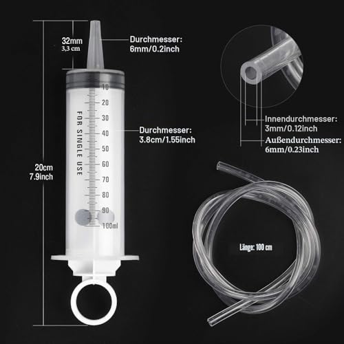 Hyber&Cara 100 ml Plastic Syringe with 100 cm Hose Made of PVC, Dosing Syringe, Feed Syringe, Marinating Syringe for Engine Oil, Brake Fluid Bleeding, Gardening, Pack of 2 | Dosing Syringe, Feeder Syringe, Marinating Syringe, Suction Syringe for Engine...