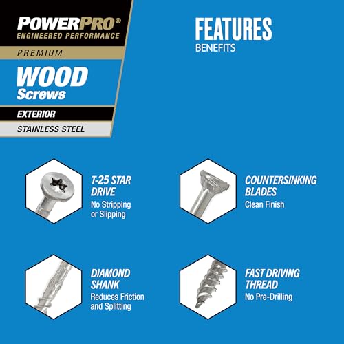 Power Pro 48622 Wood Screws, #10 x 2-1/2", Premium Stainless Marine Screws, Rust Resistant, Stainless Steel, 1lb Box, 79 pcs #10 x 2-1/2" Silver 78