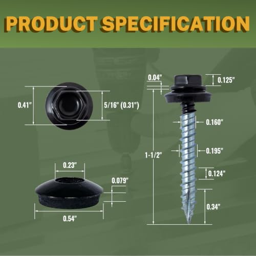 LIONMAX Metal Roofing Screws #10 x 1-1/2 Inch, 300PCS, Black, Rubber Washer #10 x 1-1/2" 300