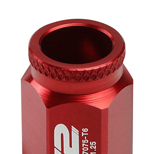 J2 Engineering 7075-T6 Aluminum M12 x 1.25 20Pcs 40mm Tall Open-End Lug Nut w/Socket Adapter Red
