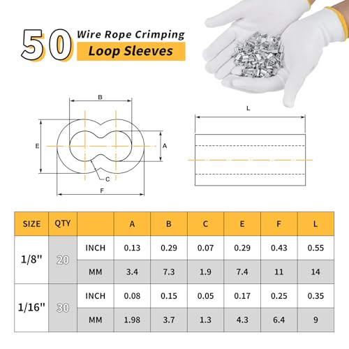 Wire Rope Crimping Tool 1/8'', Steel Crimper & 50pcs Alum. Sleeves 1pcs Crimper+50pcs Sleeves