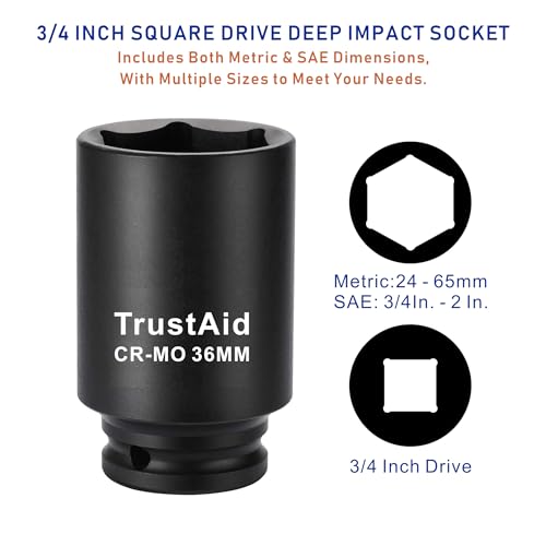 TurstAid 3/4 Inch Drive Impact Socket 65mm, Heavy Duty Cr-Mo Deep Impact Sockt, 6-Point Design, Metric