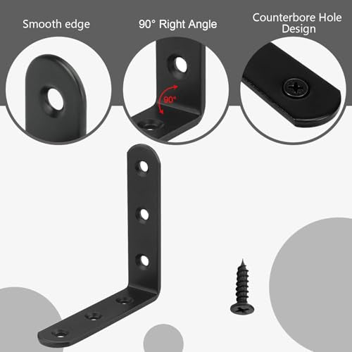 12 PCS Black L Brackets for Wood, 4" x 4" Heavy Duty L Corner Brace 90 Degree Metal Right Angle Bracket for Shelves, Furniture, Cabinets, Thickness 3MM, Included 72 PCS Screws 100x100MM