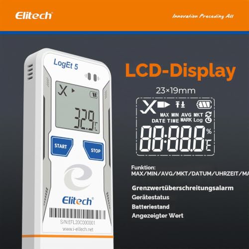 Elitech LogEt5TH USB Temperature and Humidity Data Logger, -30°C to 70°C, 32000 Memory Points, Auto PDF/CSV Reports, Compatible with Windows & MacOS, Reusable for Food Cold Chain Temperature -30 ~ 70 °C and humidity
