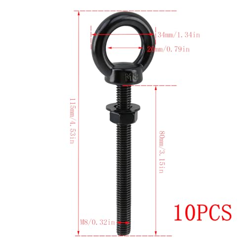 Dnyta 10 Pcs M8 Stainless Steel Eye Bolt, M8 x 80mm (5/16" x3-1/7) Eyebolts Black M8x80mm(5/16"x3-1/7")